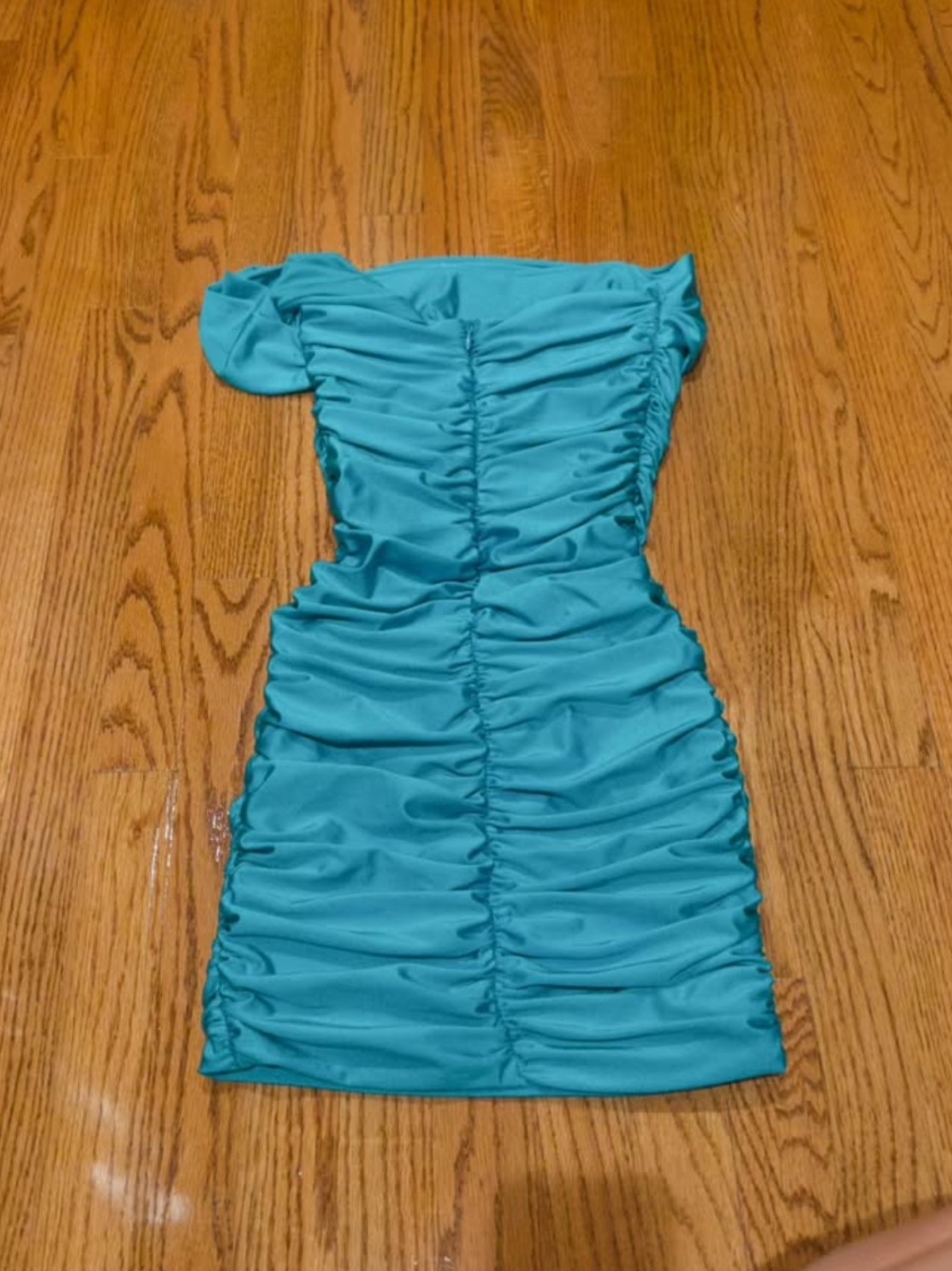 Turquoise One-Shoulder Ruched Mini Dress - Picture 2 of 3